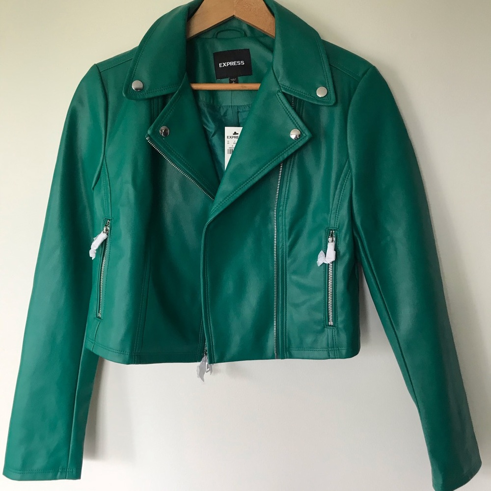Express Green Faux Leather Moto Jacket